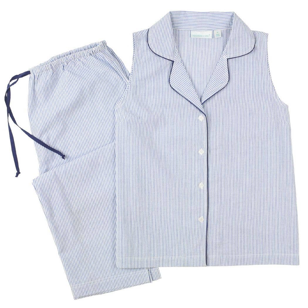Blue Seersucker-Navy Sleeveless Capri Pajamas