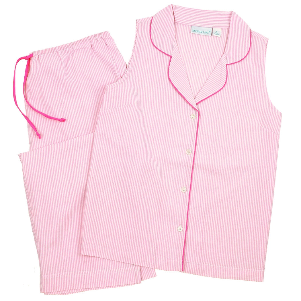 Pink Seersucker-Pink Sleeveless Capri Pajamas