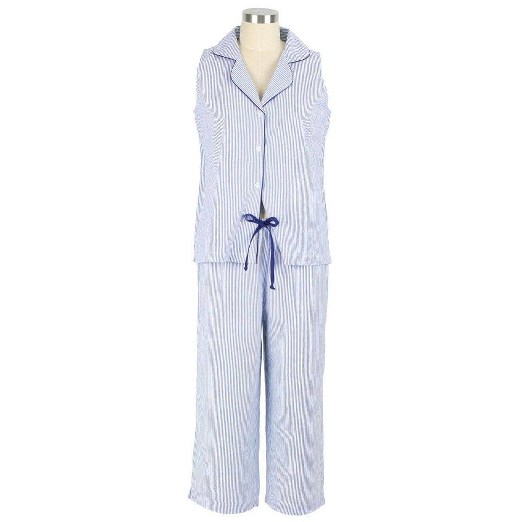 Blue Seersucker-Navy Sleeveless Capri Pajamas