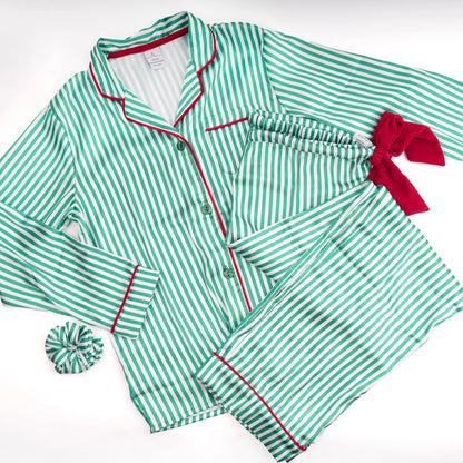 Green Stripe Satin Pant Pj Set