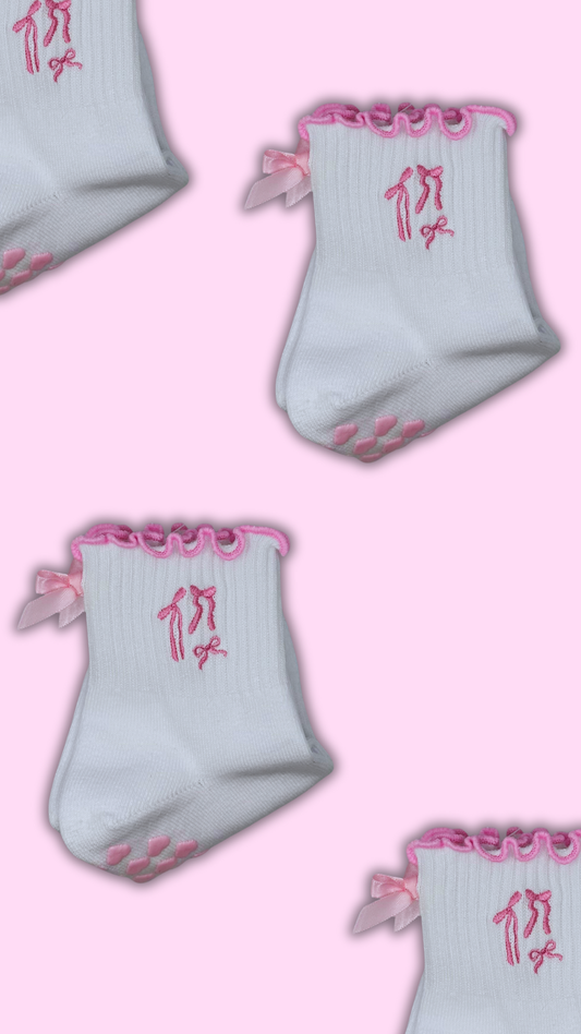 Pink bow coquette grip sock with heart grips