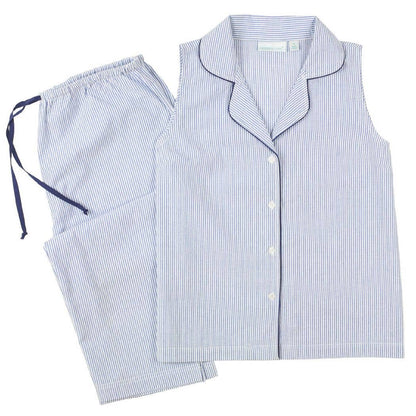Blue Seersucker-Navy Sleeveless Capri Pajamas