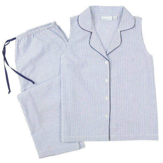 Blue Seersucker-Navy Sleeveless Capri Pajamas