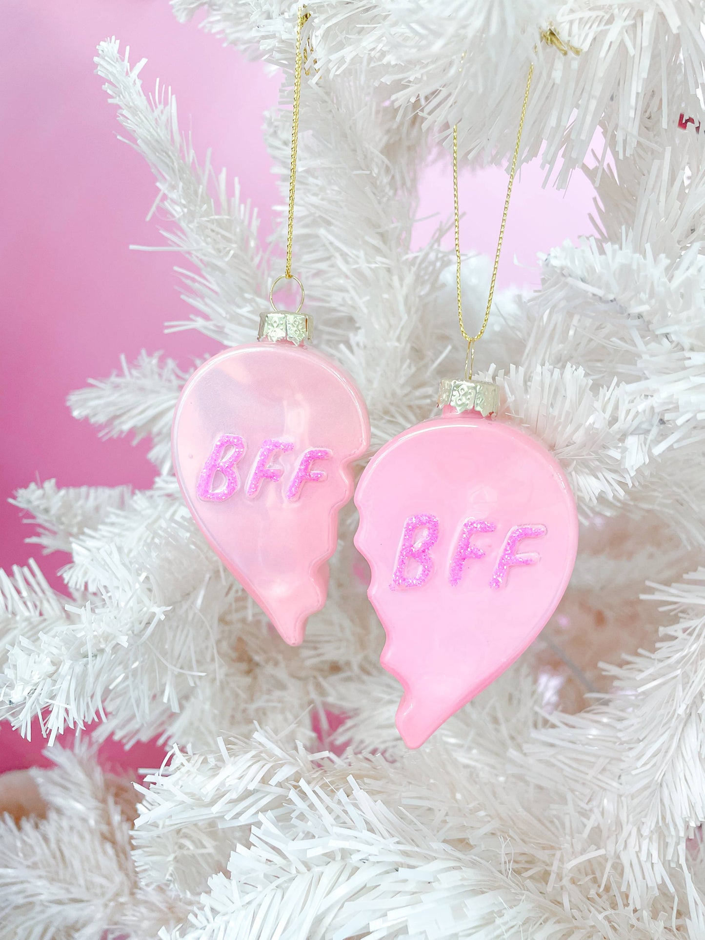 Glittered BFF Heart Christmas Ornament Set