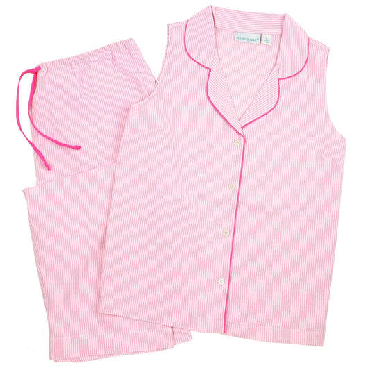 Pink Seersucker-Pink Sleeveless Capri Pajamas