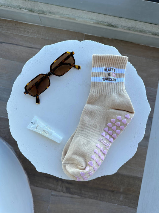 PILATES & ESPRESSO tan grip sock with pink heart grips