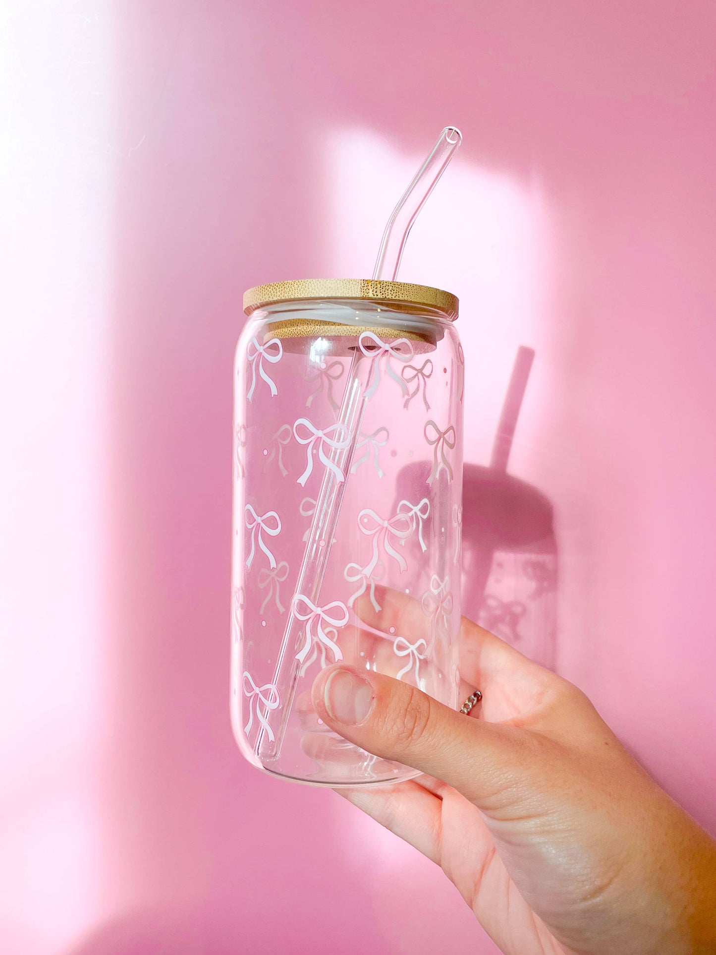 Pink Bow Latte Glass With Lid & Straw