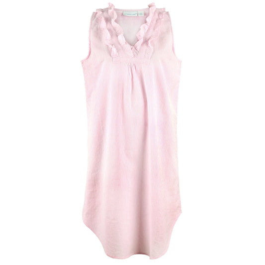 Pink Seersucker ~ Sleeveless Ruffled Nightgown