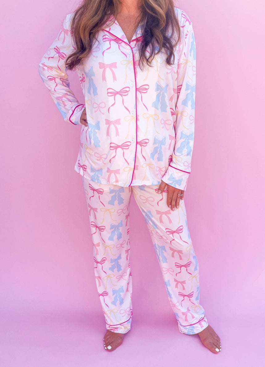 Pink Pastel Bows Long Sleeve Pajama Set