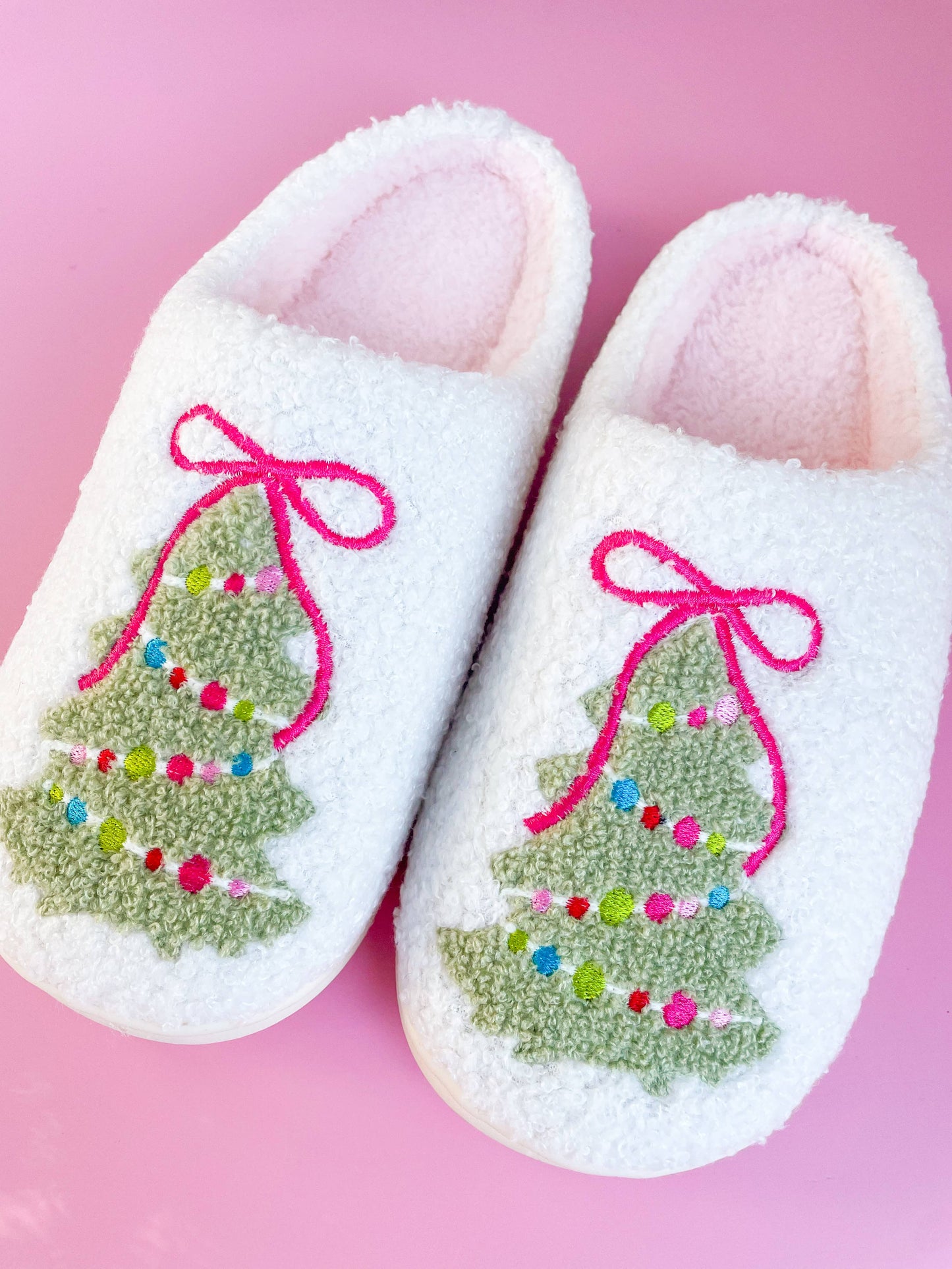 Adult Pink Bow Christmas Tree Slippers